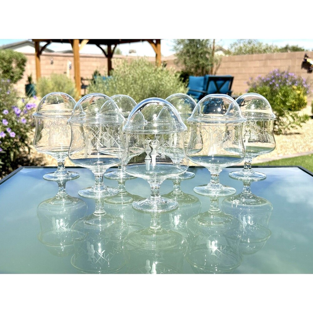 7 VTG Noritake Sasaki Bamboo Etched Seafood Cocktail Caviar Clear Crystal Glass